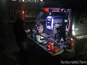 Fixing dinner on the tailgate of the Tacoma